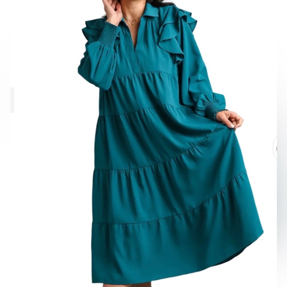 UMGEE Ruffle Long Sleeve Tiered Maxi Dress Teal
